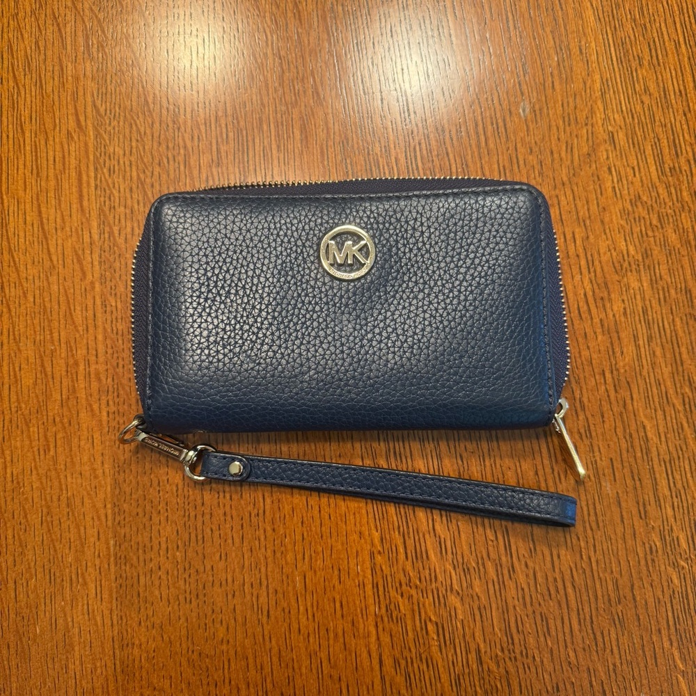 Michael Kors Dark Blue Wristlet with Gold Logo
